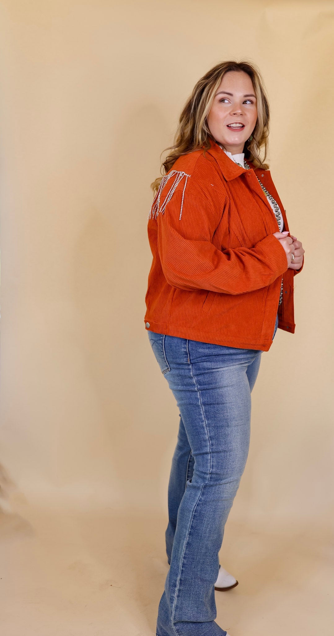 Signature Moves Button Up Corduroy Jacket with Crystal Fringe Back in Rust Orange - Giddy Up Glamour Boutique