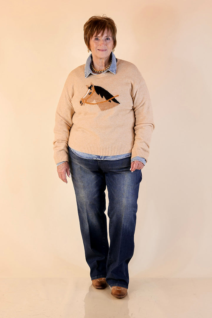 Simply Southern | Finest Touch Crewneck Sweater with Horse in Brown