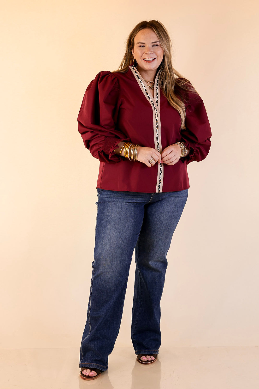 Trimmed in Style Puff Long Sleeve Blouse with Contrast Leopard Trim and Ruffle in Maroon