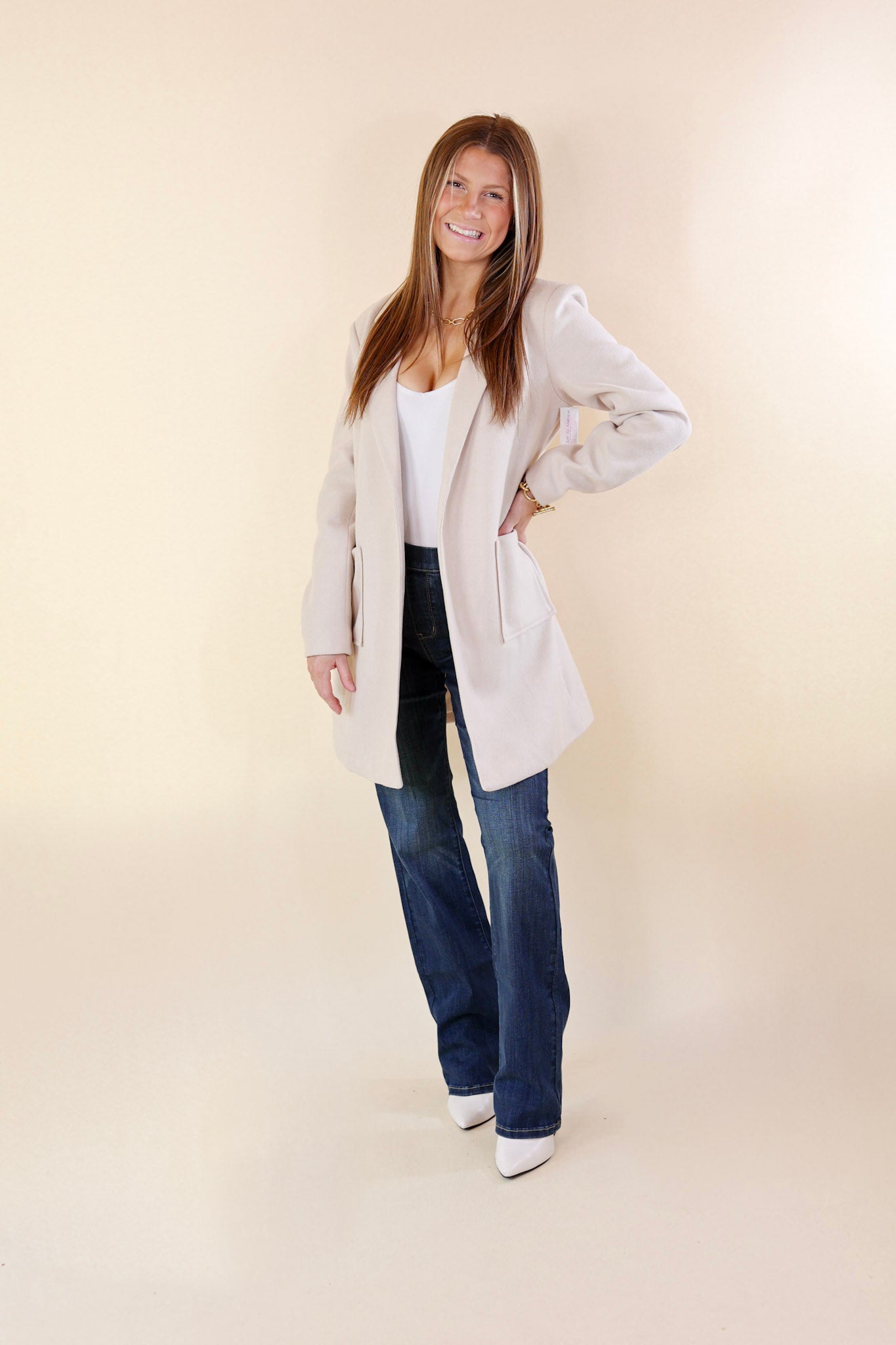 European Holiday Open Front Coat in Beige - Giddy Up Glamour Boutique