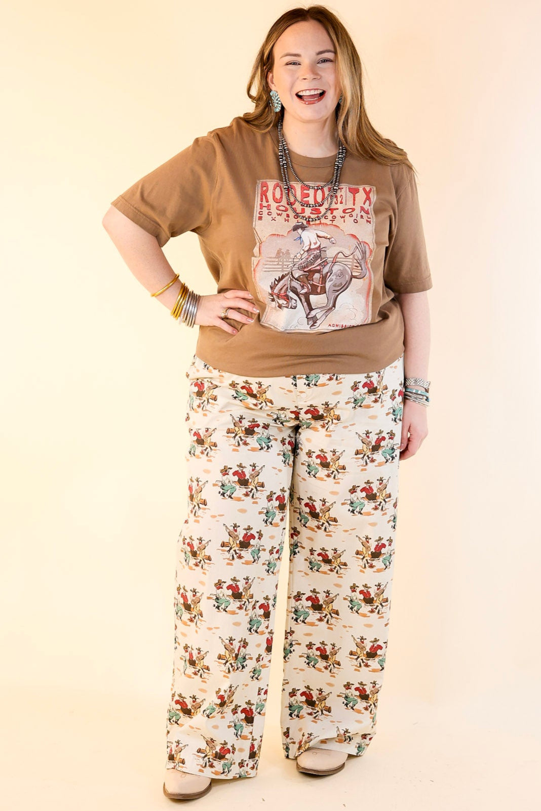 Newest Trend Cowboy Print Cotton Pants with Elastic Waistband in Ivory