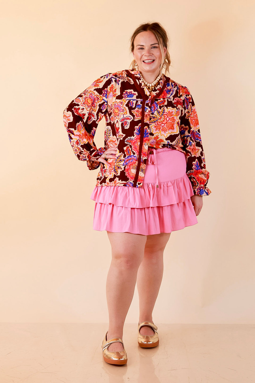 Petal Pop Floral Print Ruffle Front Button Up Long Sleeve Top with Balloon Sleeves in Coco Brown