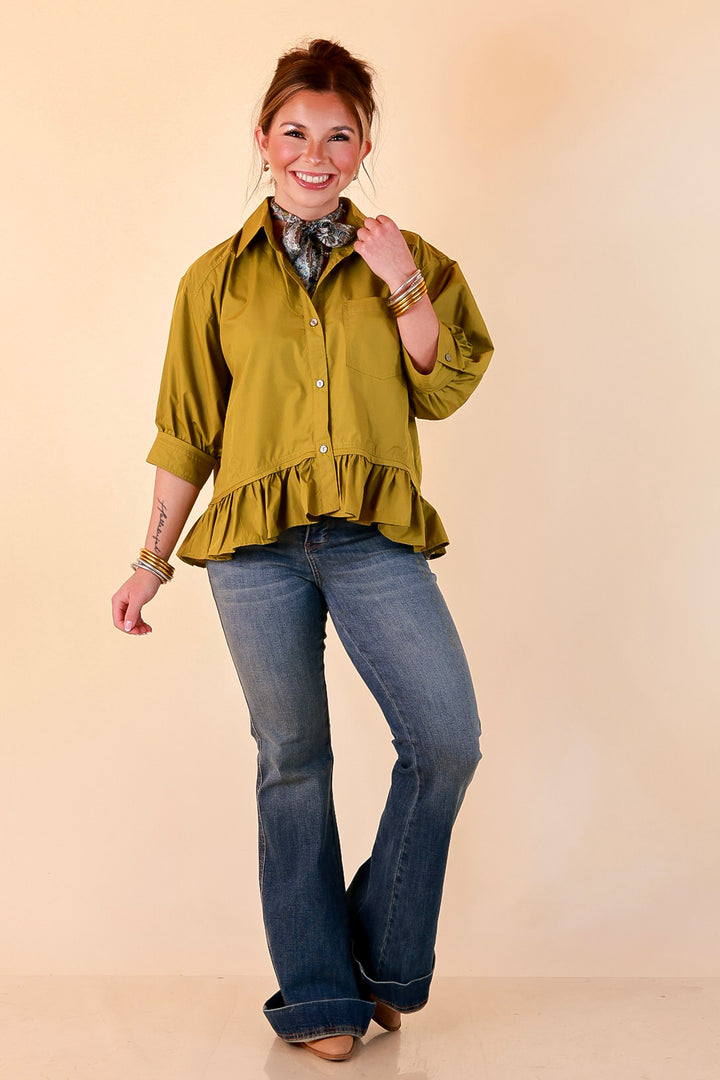 Style Agenda Solid Button Down Peplum Top in Chartreuse Olive Green