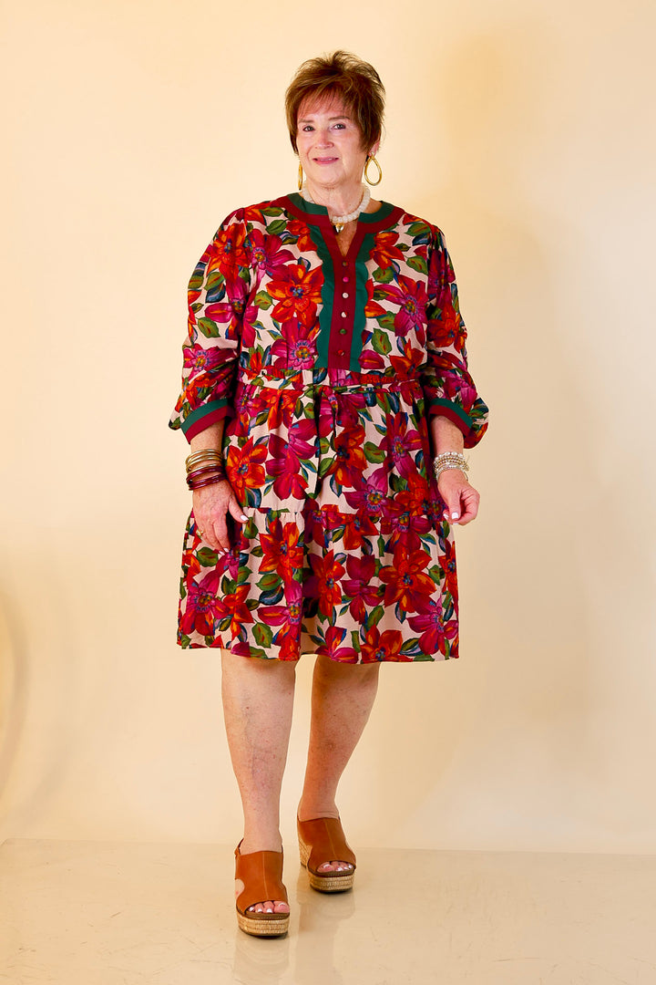 Color Me Confident Floral Print Button Front Contrast Trim Dress in Ivory, Plum and Emerald Green