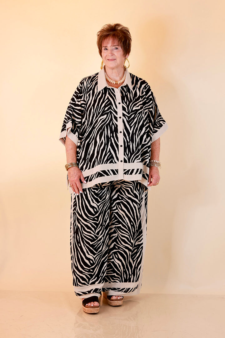First Class Chic Button Front Collared Top with Matching Wide Leg Pants Set in Black and Ivory Zebra Print