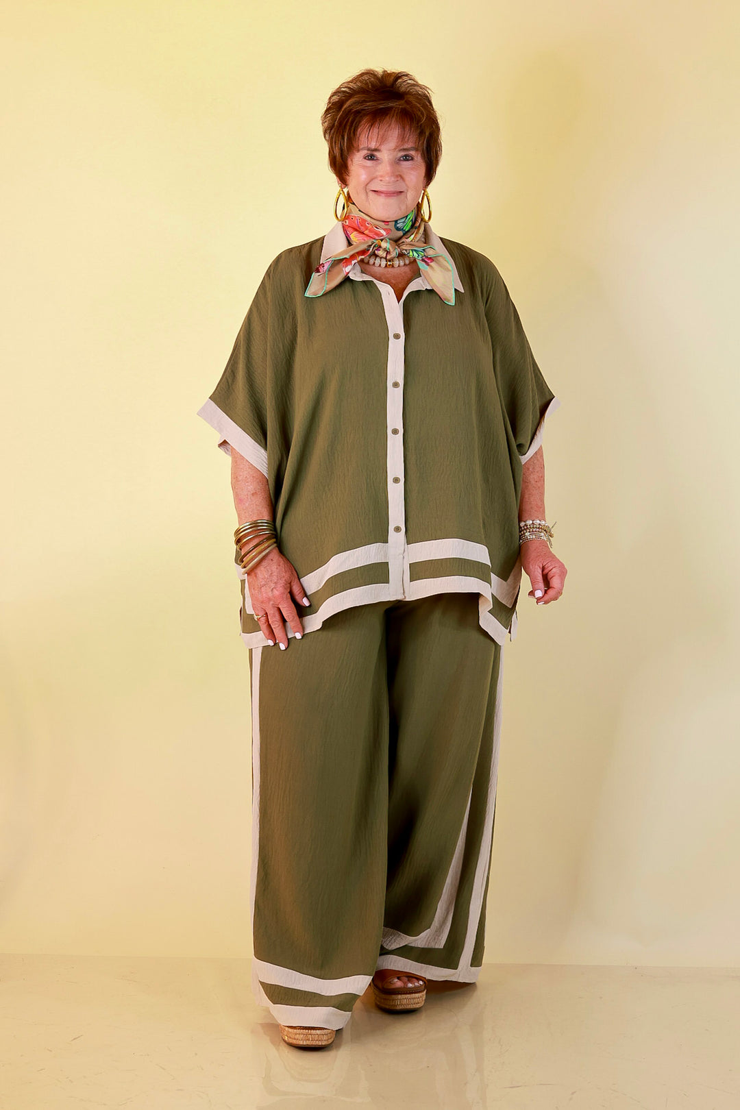 First Class Chic Button Front Collared Top with Matching Wide Leg Pants Set in Olive Green and Ivory