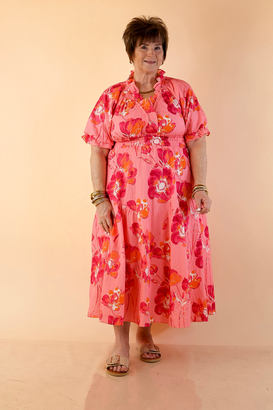 Breezy Belle Floral Print Textured Puff Sleeve Midi Dress with Smocked Waist in Pink Mix