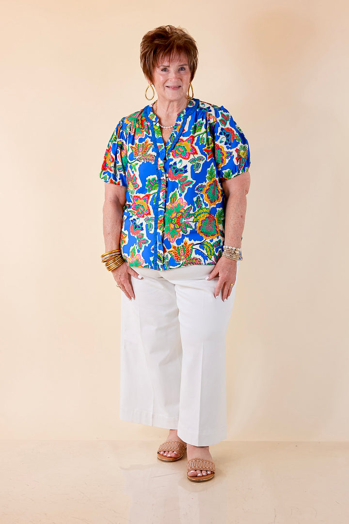 Petal Pop Floral Print Ruffle Front Button Up Top with Puff Sleeves in Royal Blue