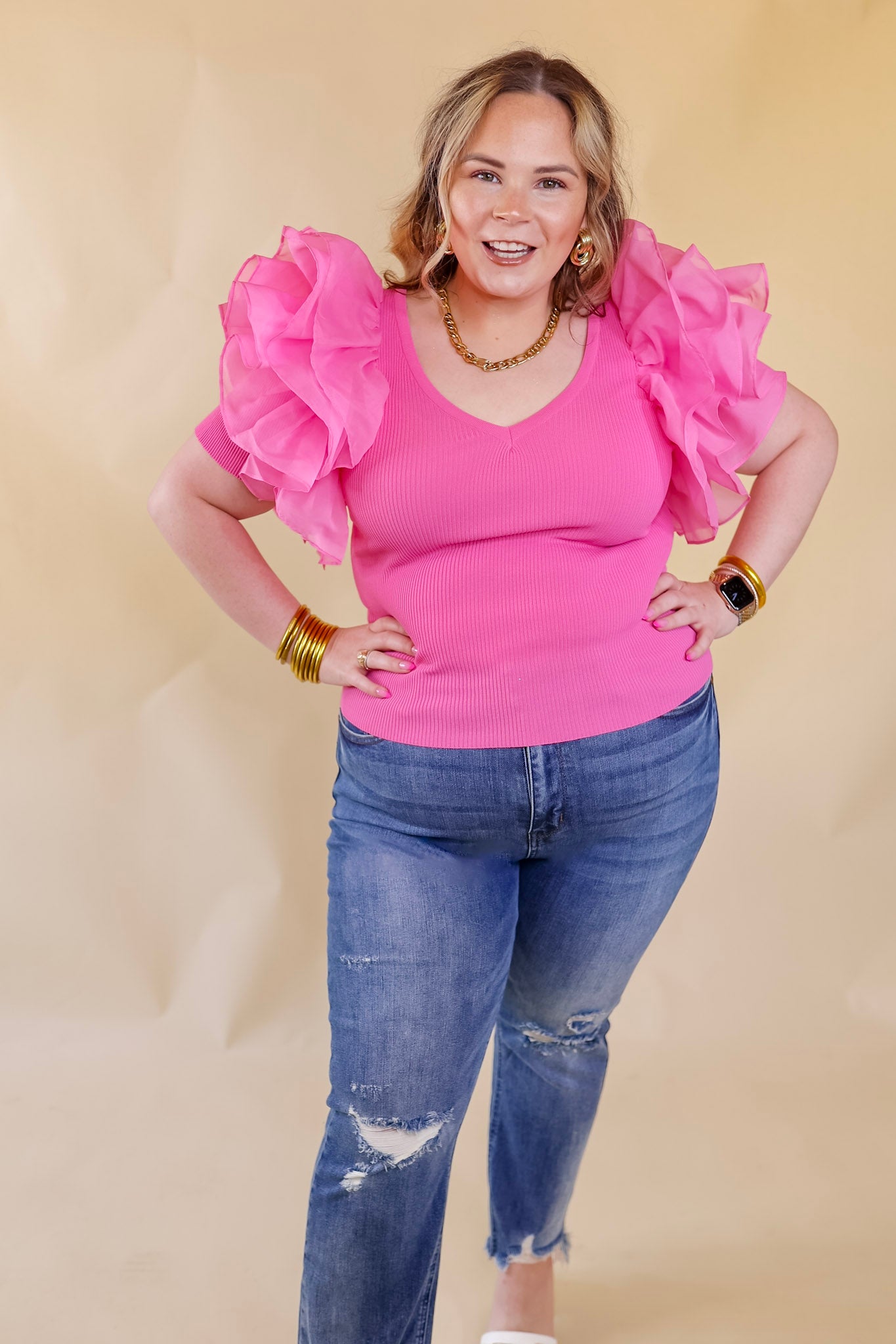 The Party Goes On Ribbed Fitted Top with Ruffle Sleeves in Pink - Giddy Up Glamour Boutique