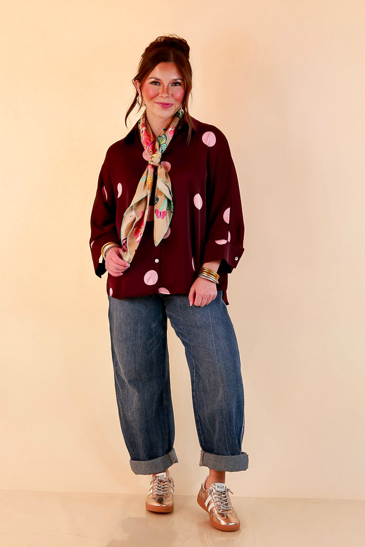 Two of a Kind Oversized Long Sleeve Button Down Blush Pink Polka Dot Blouse in Maroon