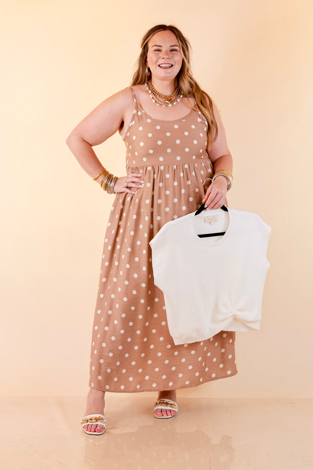 Two Ways to Charm Polka Dot Spaghetti Strap Dress Set with Detachable Ivory Top in Taupe