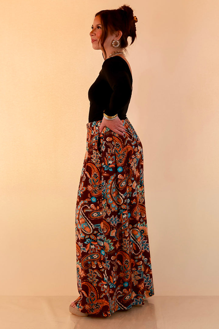Free to Be Paisley Print Wide Leg Elastic Waist Pants in Chocolate Brown