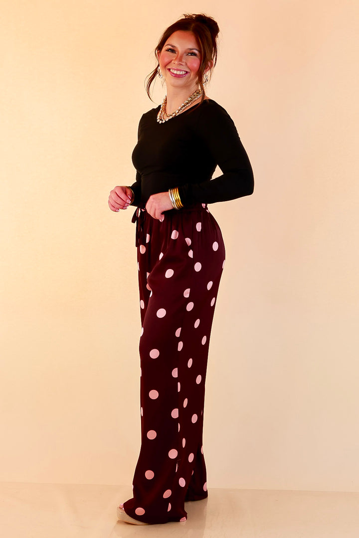 Two of a Kind Full Length Wide Leg Pull-On Drawstring Blush Pink Polka Dot Pants in Maroon