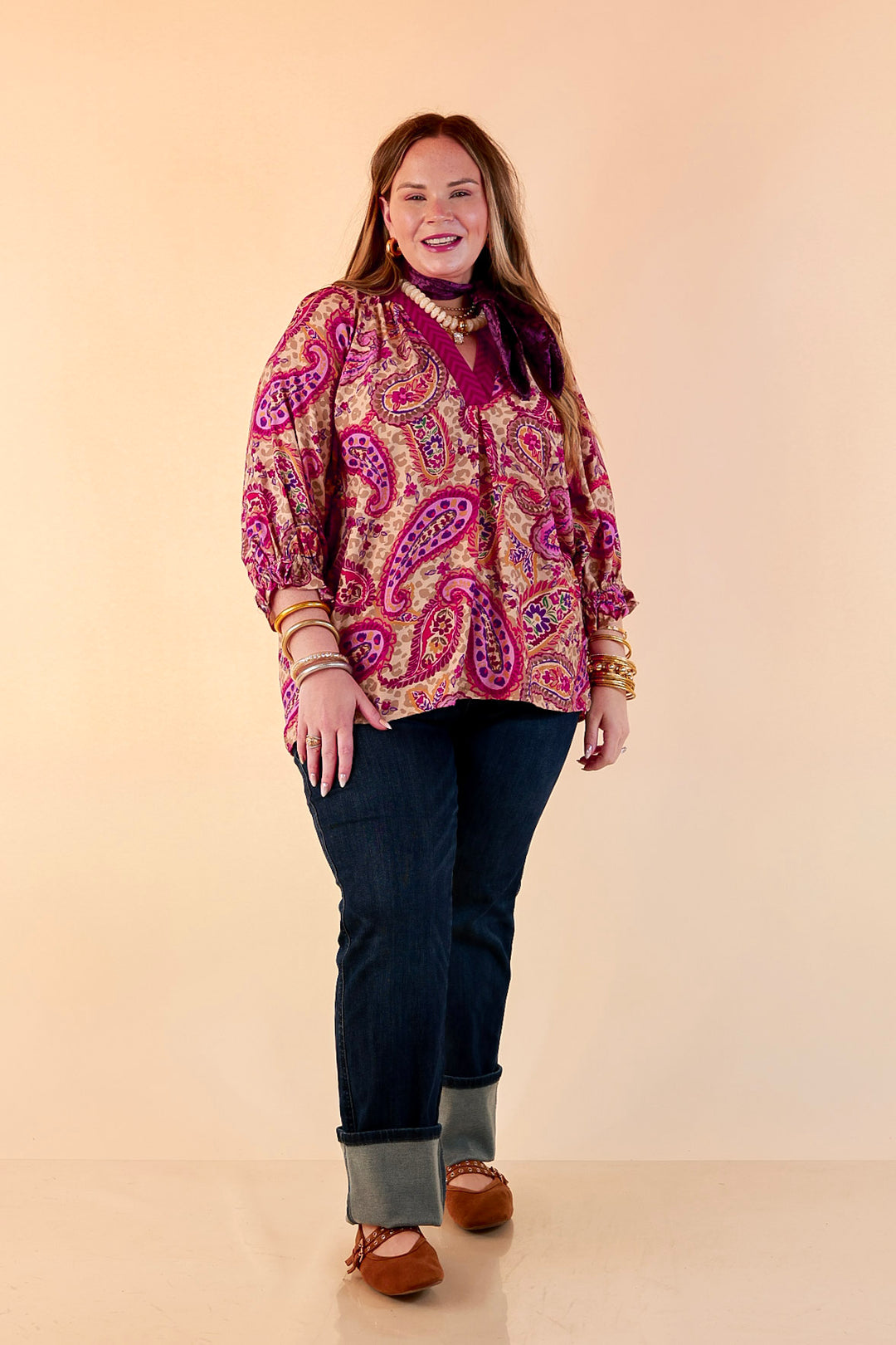 Caught My Eye Ruffle Contrast Stripe Detail Neck Balloon Sleeve Paisley Print Blouse in Fuchsia Pink Multi