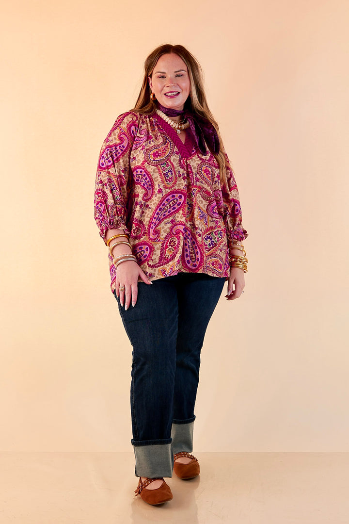 Caught My Eye Ruffle Contrast Stripe Detail Neck Balloon Sleeve Paisley Print Blouse in Fuchsia Pink Multi