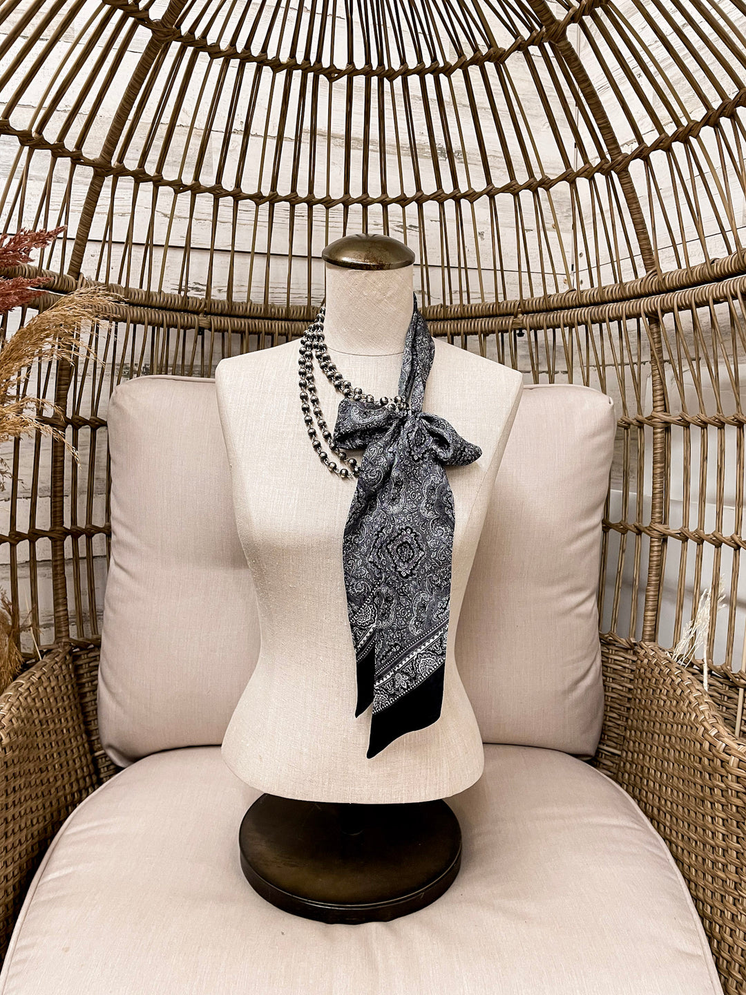 Wyoming Traders | Paisley Print Silk Twilly Scarf in Silver and Black