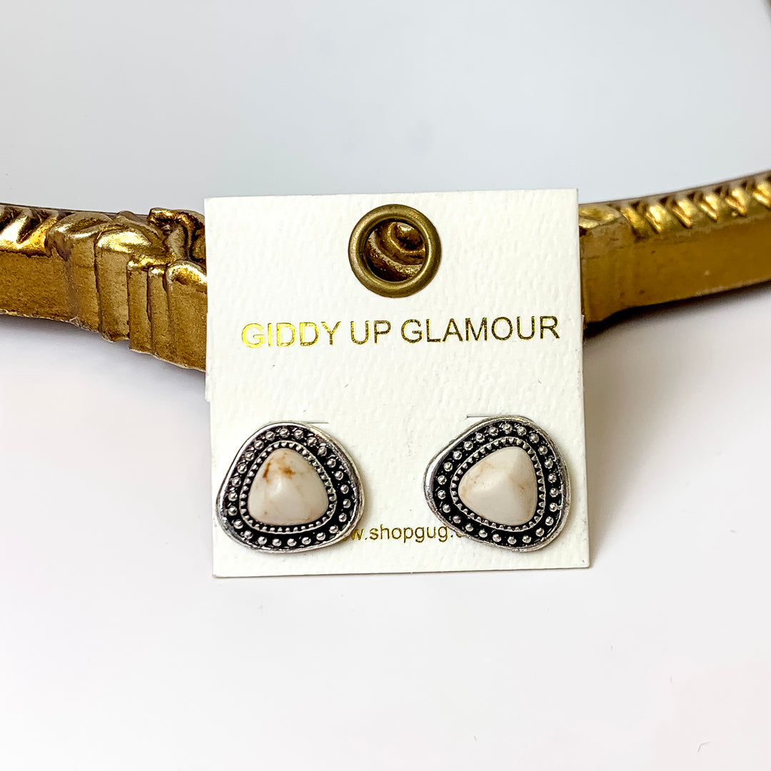 Western Silver Tone Triangular Faux Stone Post Earrings in Ivory - Giddy Up Glamour Boutique