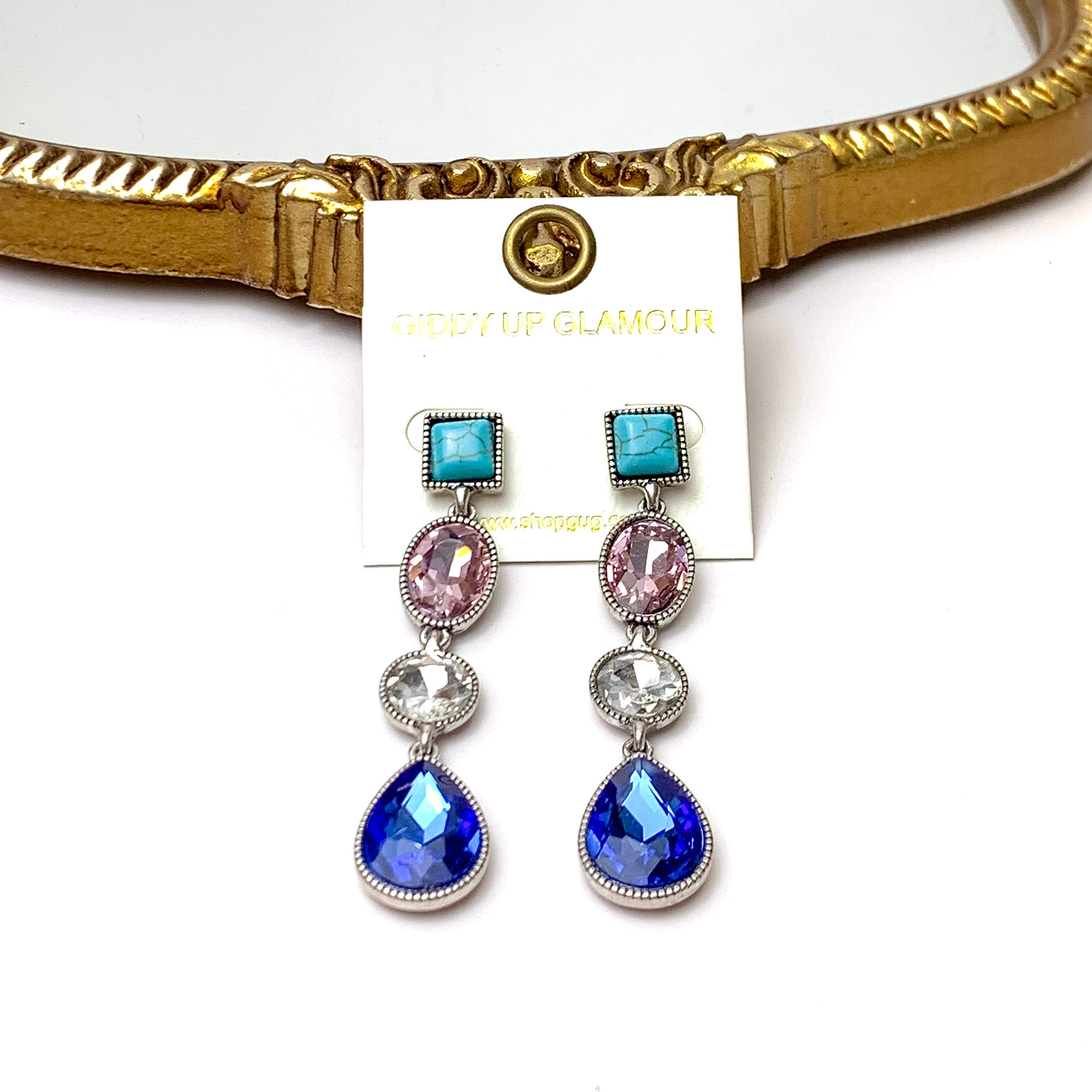 4 Tier Square Post Faux Turquoise and Light Pink and Blue Crystal Dangle Earrings - Giddy Up Glamour Boutique