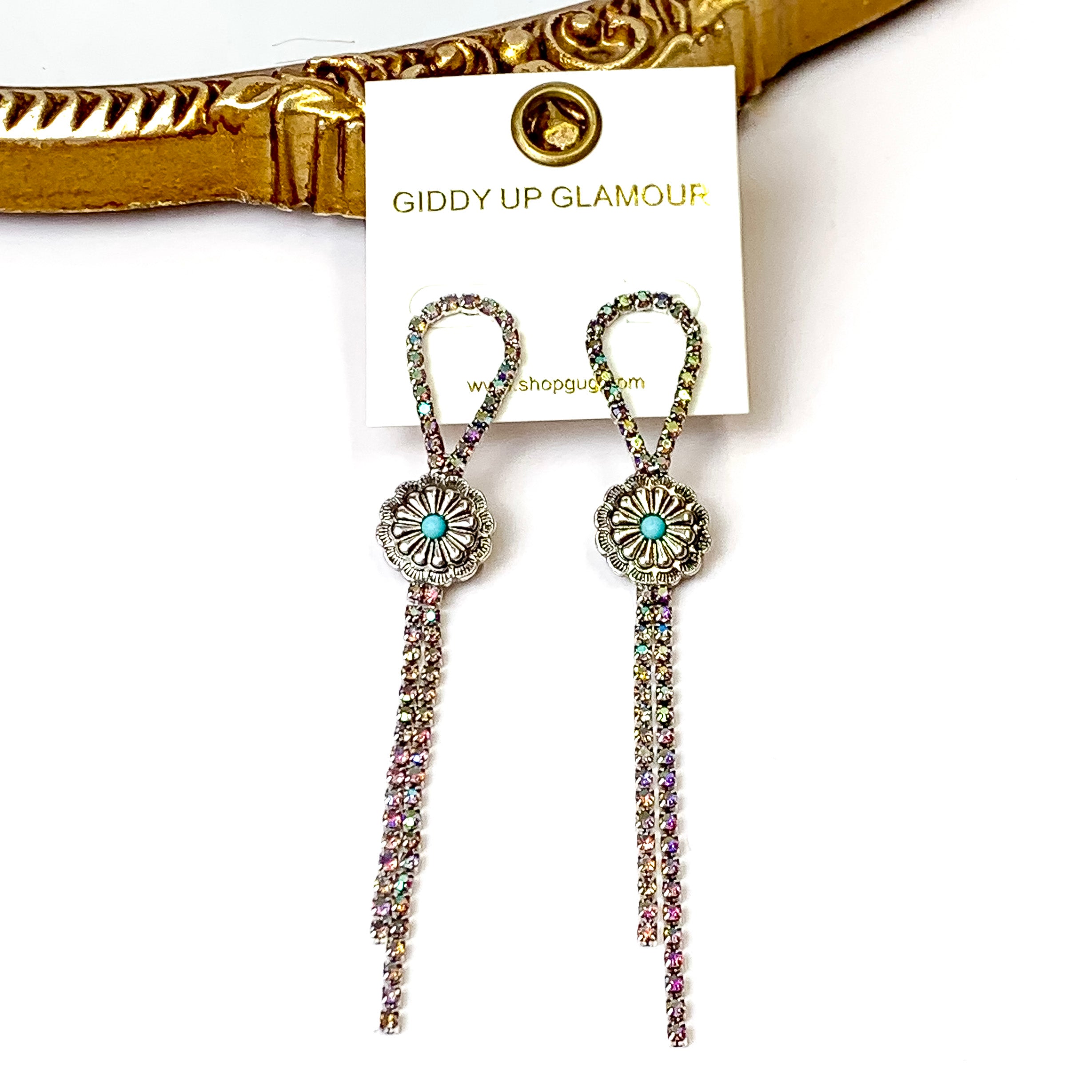 AB Crystal Bolo Tie Tassel Earrings with Circle Concho in Silver Tone - Giddy Up Glamour Boutique