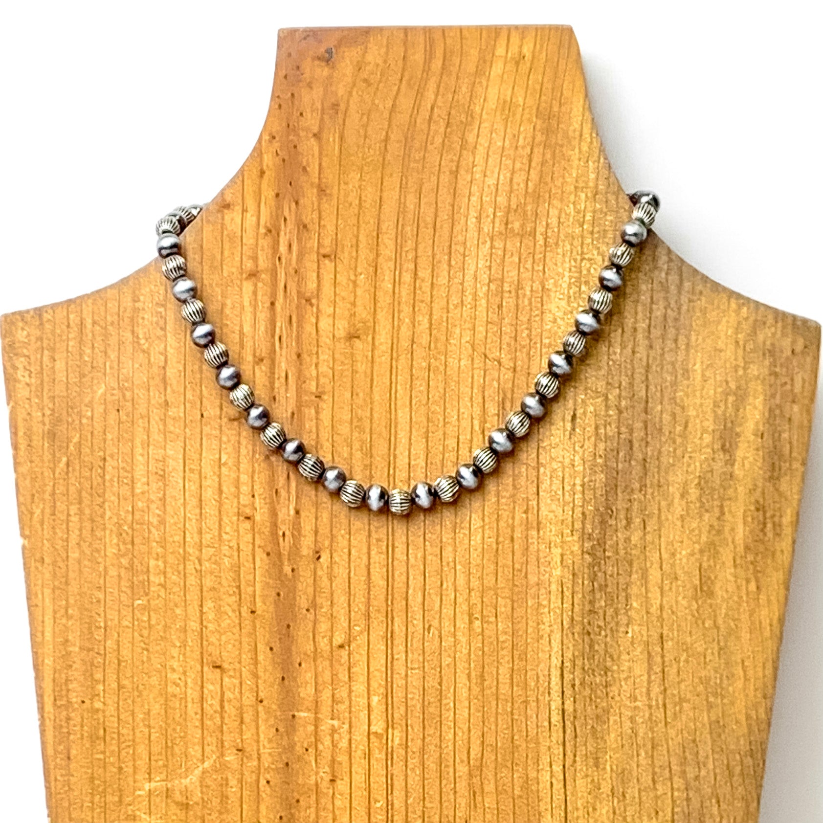 Faux Navajo Pearl Choker Necklace with Corrugated Spacers in Silver Tone - Giddy Up Glamour Boutique