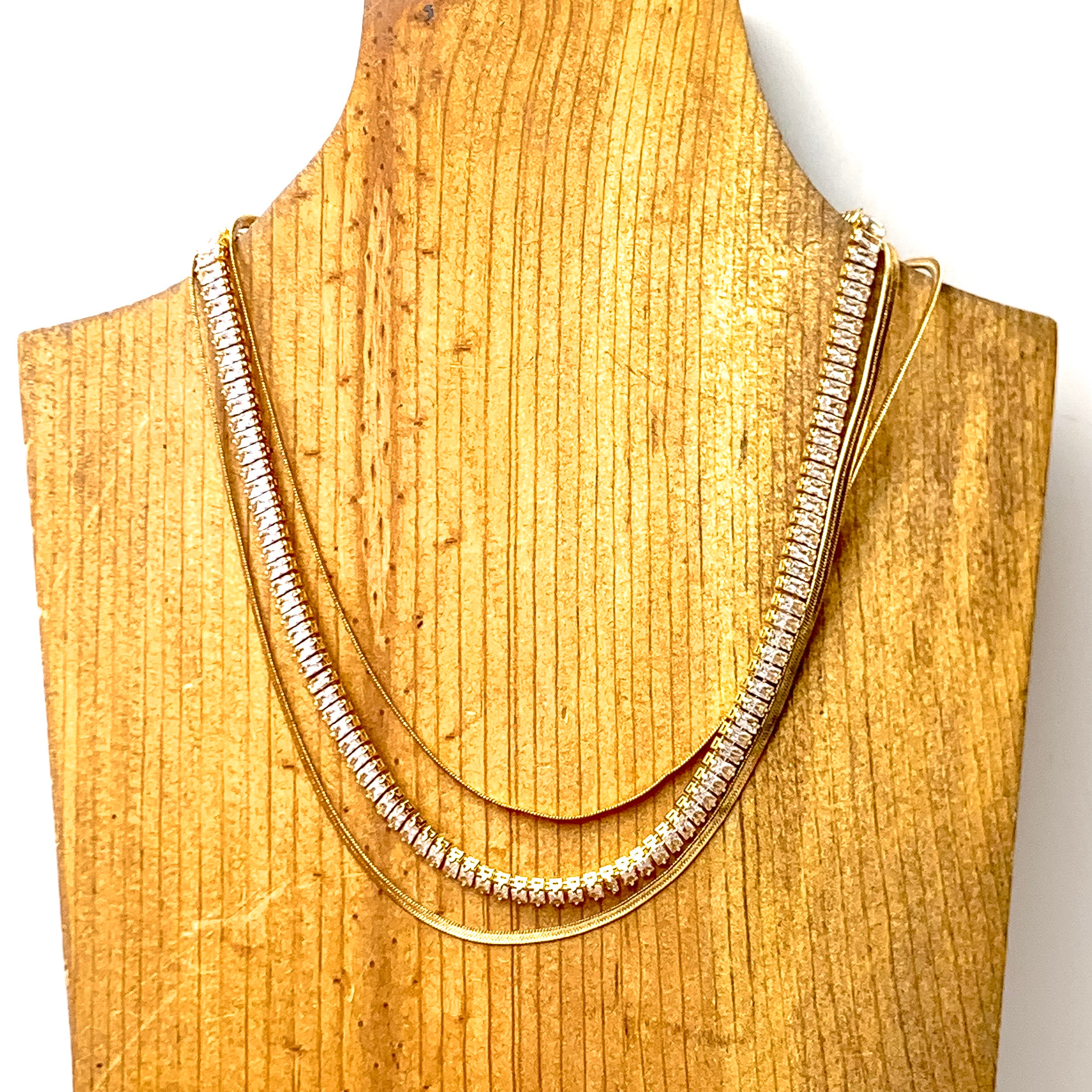 Triple Strand Gold Tone Herringbone Chain and Baguette Rhinestone Necklace - Giddy Up Glamour Boutique