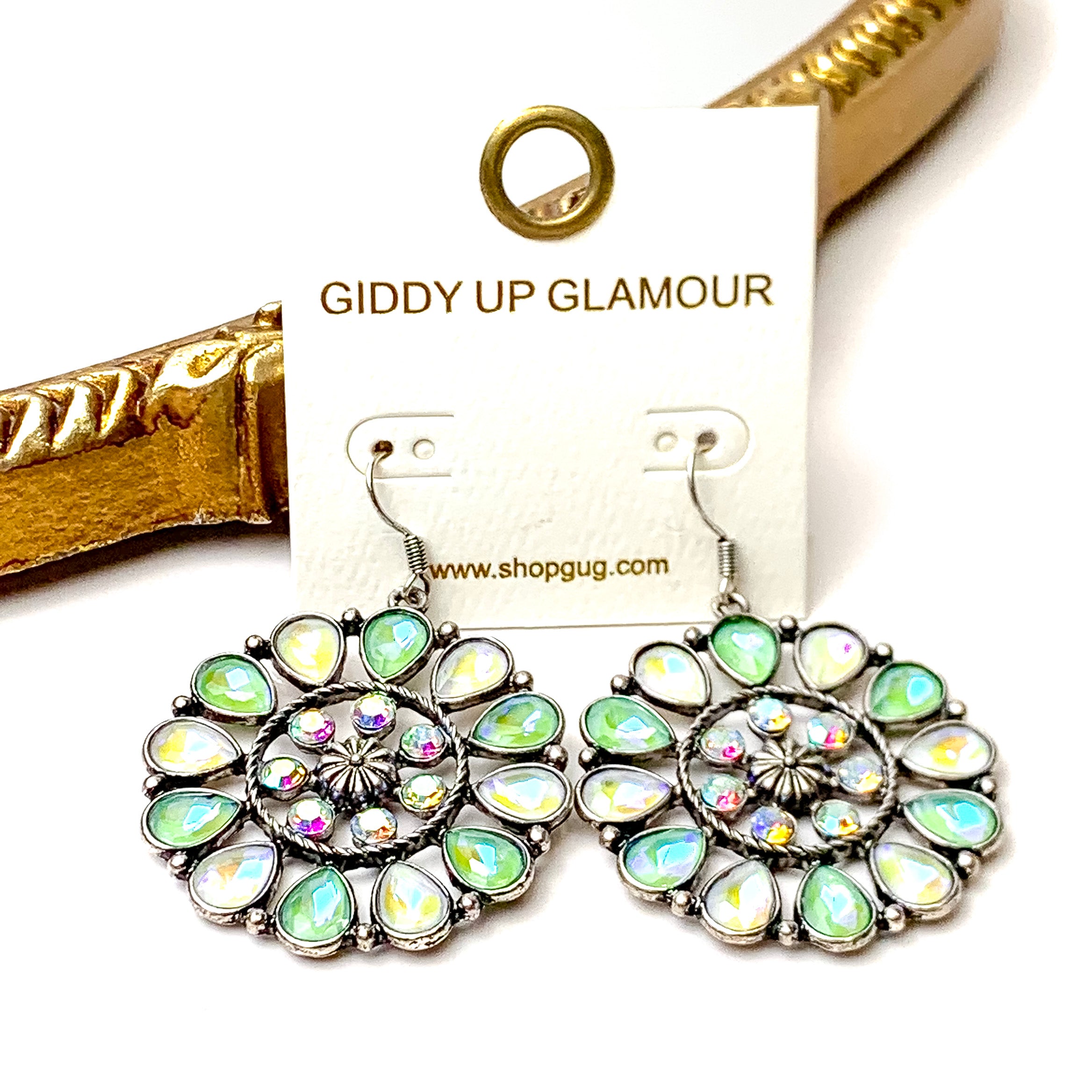 Desert Daisy Silver Tone Flower Concho Drop Earrings in Green and Ivory - Giddy Up Glamour Boutique
