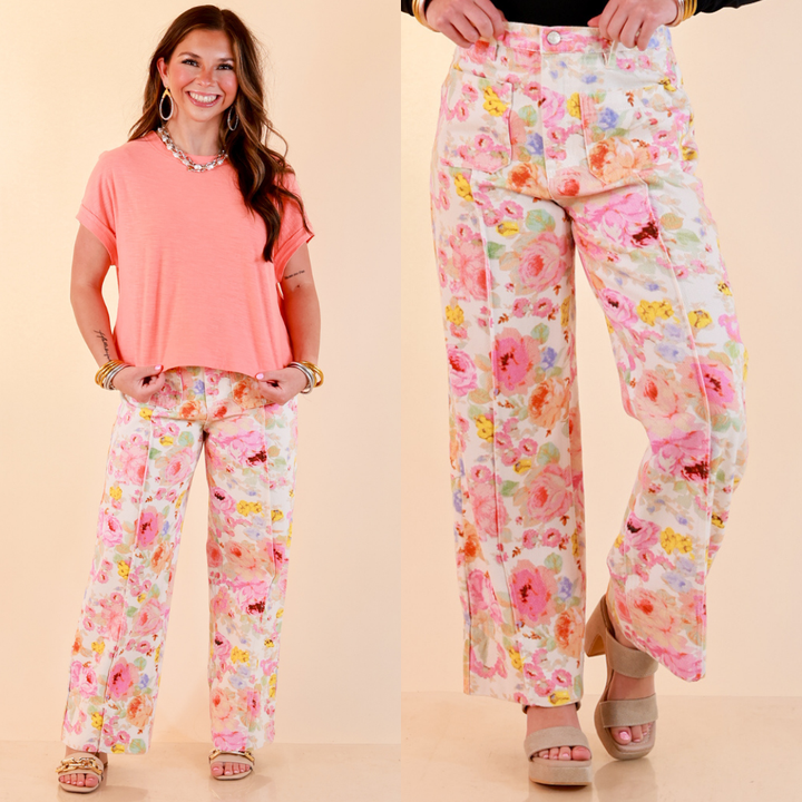 Rosy Outlook Floral Print Wide Leg Denim Pants with Front Seam in Cream
