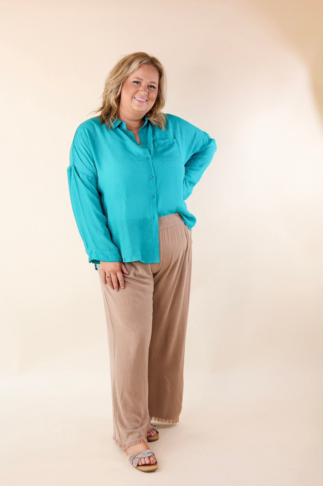 Look on the Bright Side Button Up Long Sleeve in Turquoise Blue - Giddy Up Glamour Boutique