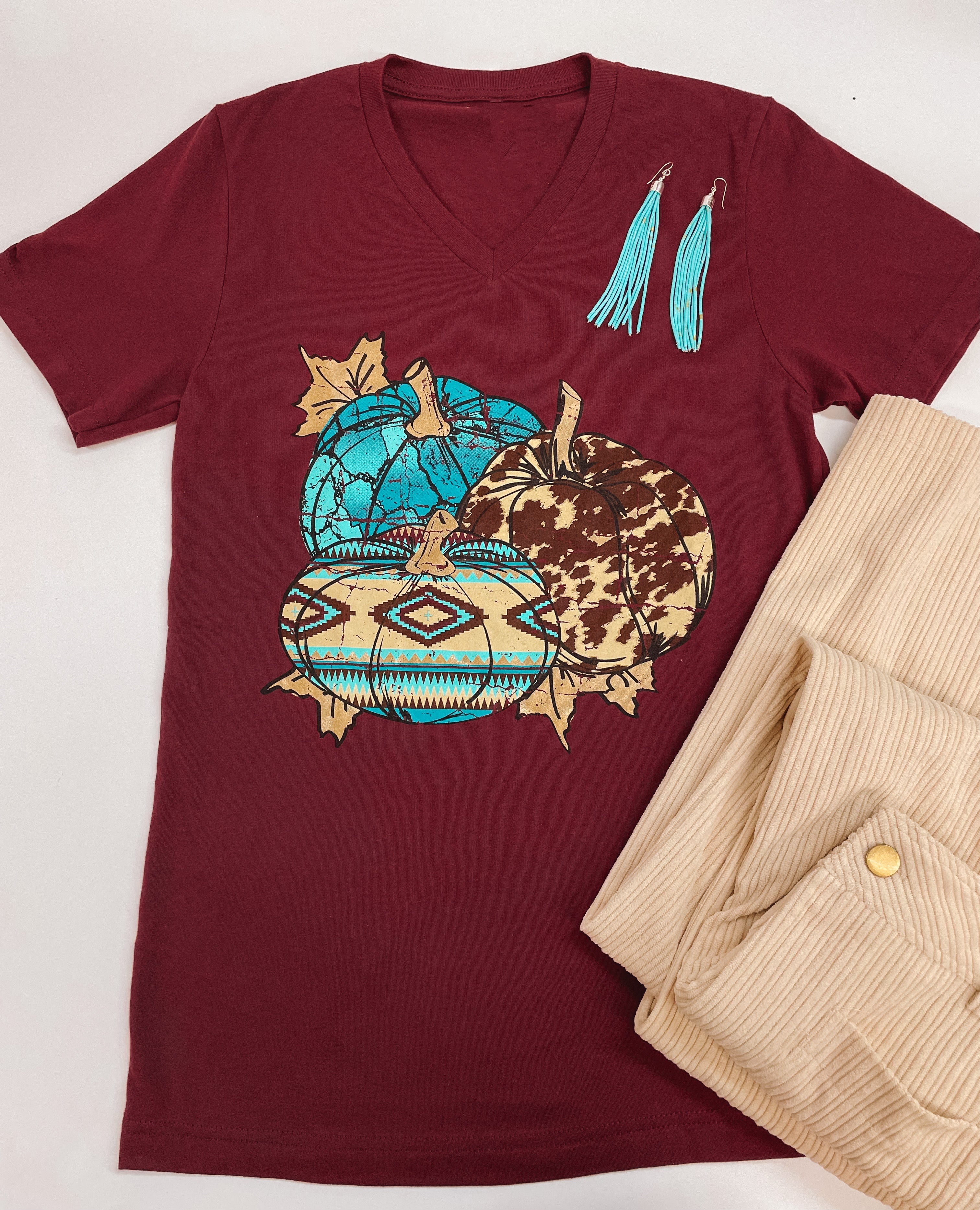 Autumn Out West Short Sleeve V Neck Graphic Tee in Maroon - Giddy Up Glamour Boutique