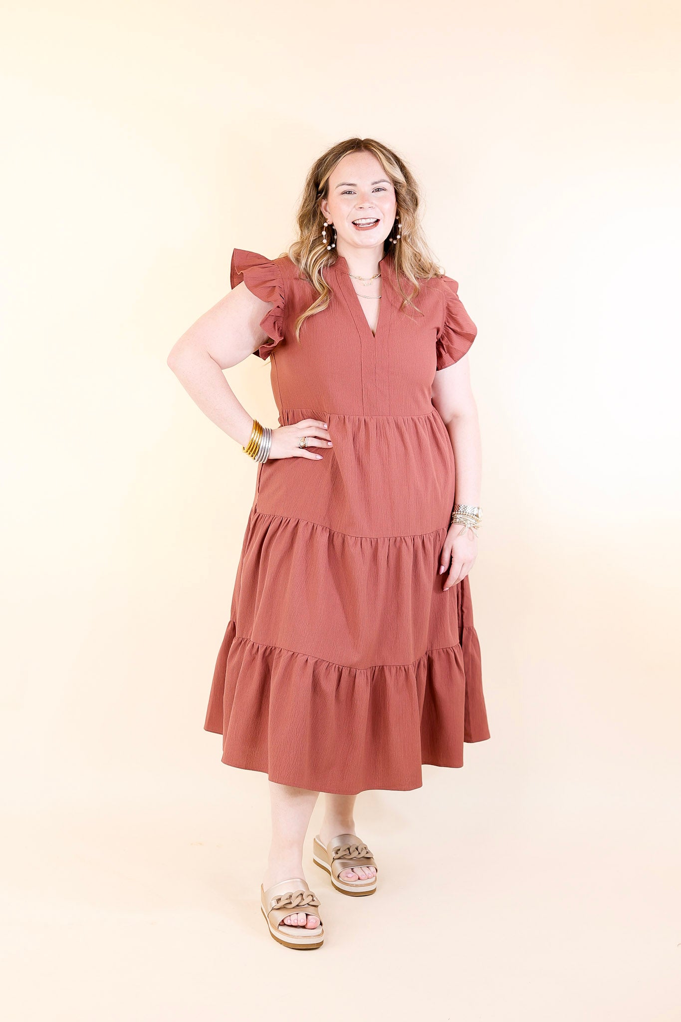 Magnolia Morning Ruffle Cap Sleeve Tiered Midi Dress in Cinnamon (Rust/Clay/Brown)