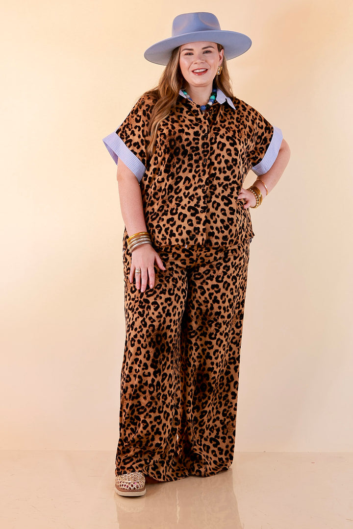 Relaxed Refinement Blue Stripe Detail Button Front Collared Top with Matching Wide Leg Pants Set in Leopard Print