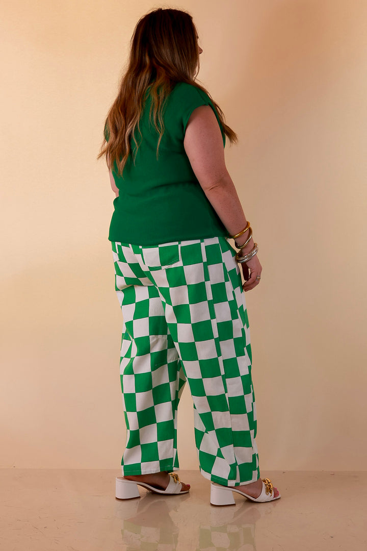 Check Me Out Wide Leg Checkered Print Barrel Denim Jean in Green