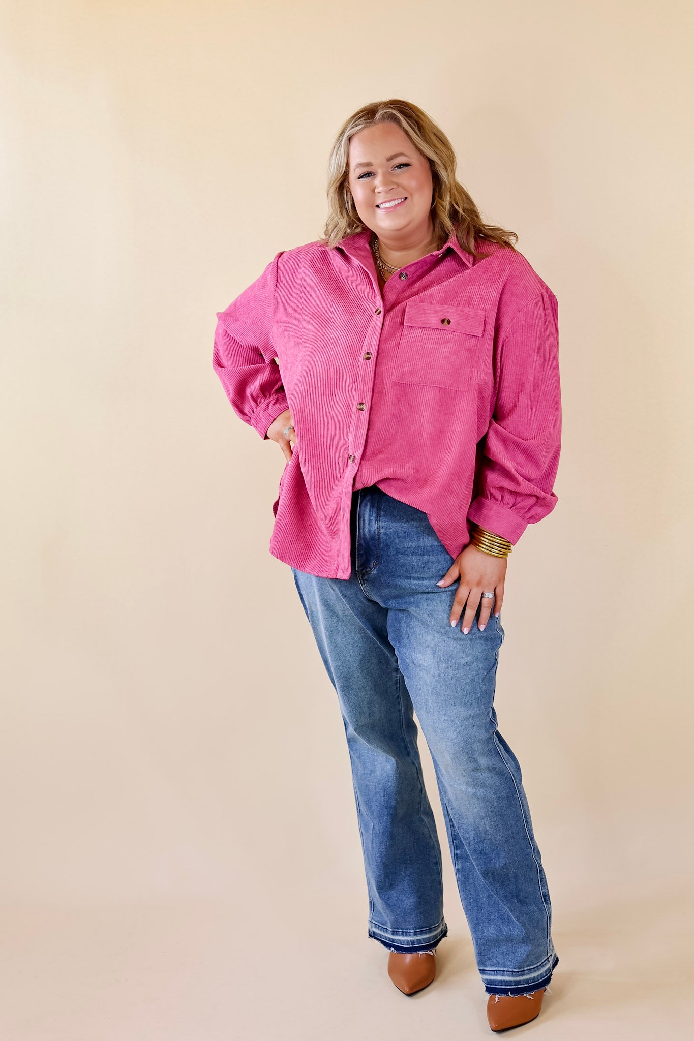 All Dolled Up Button Up Corduroy Shacket in Orchid Pink - Giddy Up Glamour Boutique