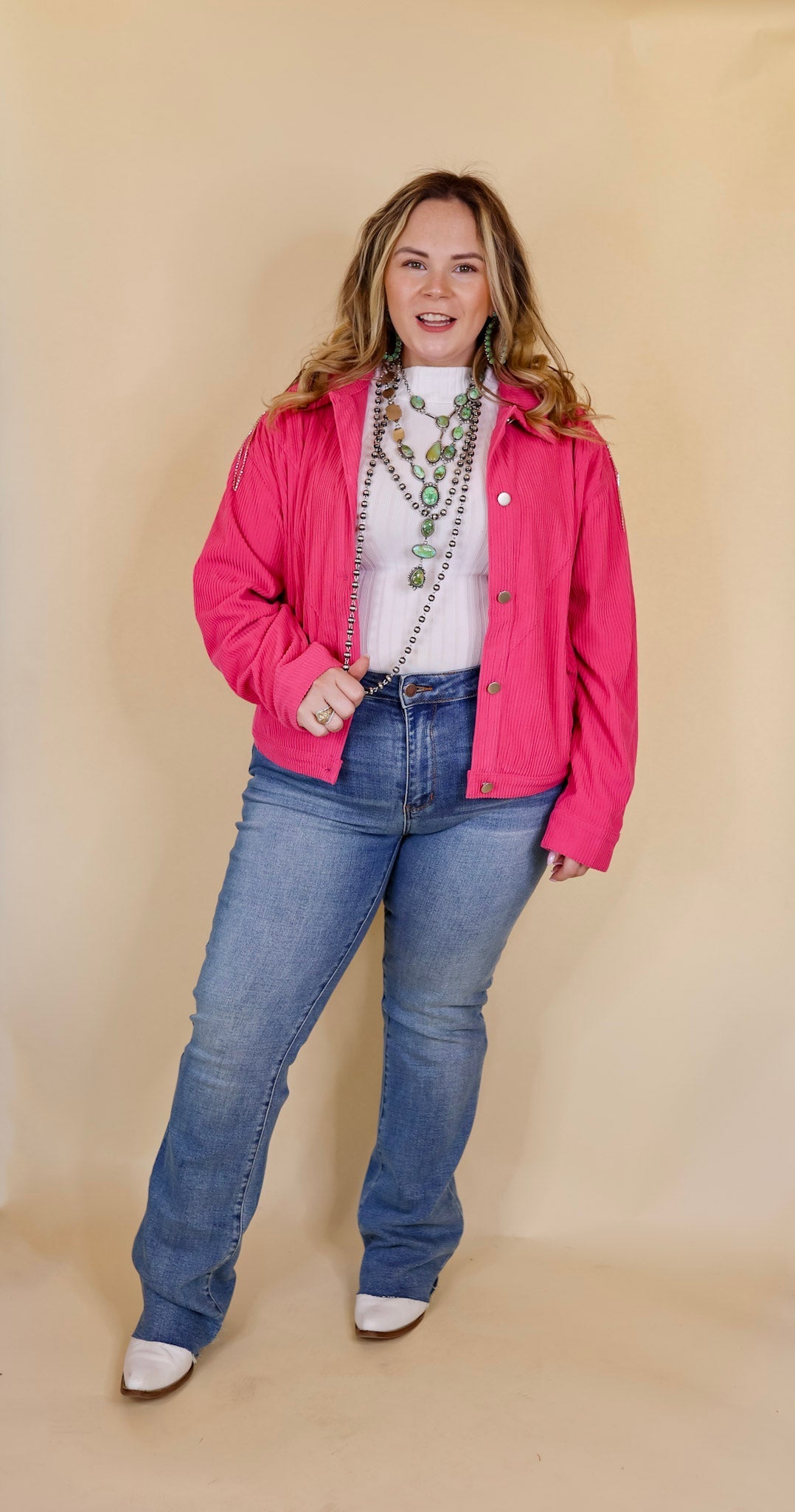 Signature Moves Button Up Corduroy Jacket with Crystal Fringe Back in Hot Pink - Giddy Up Glamour Boutique
