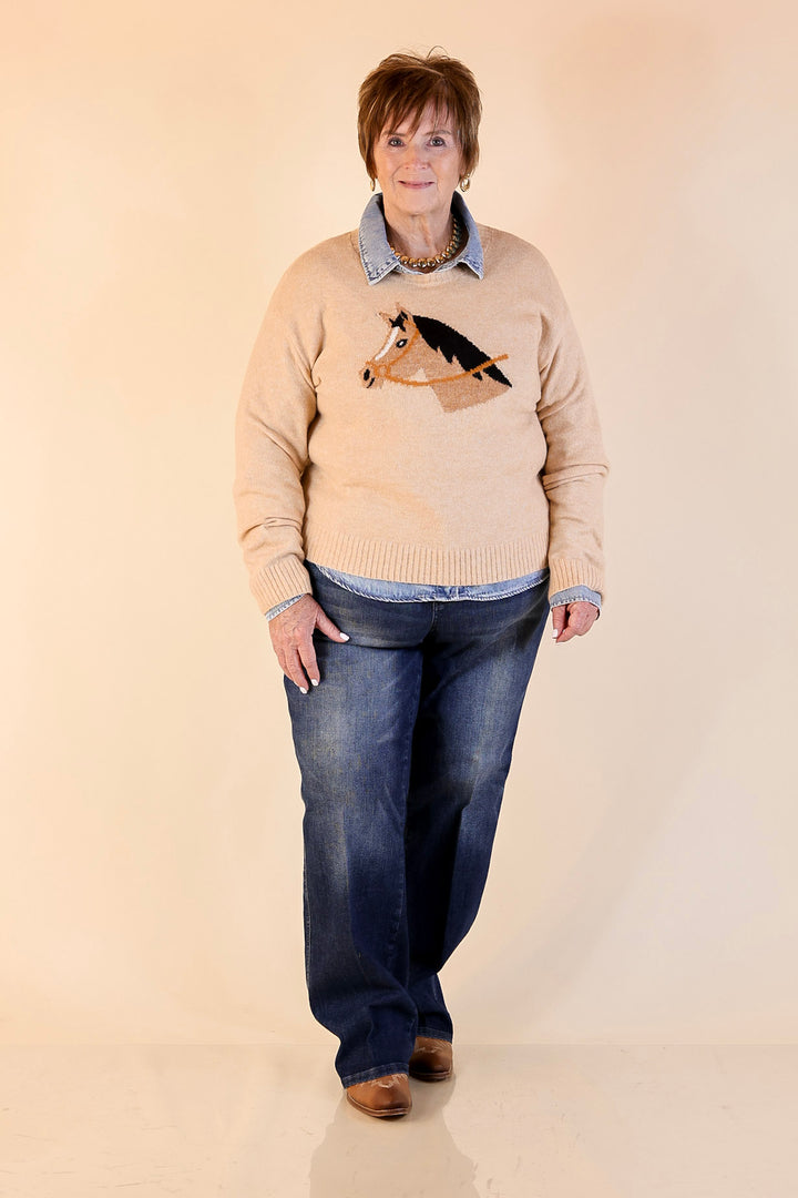 Simply Southern | Finest Touch Crewneck Sweater with Horse in Brown