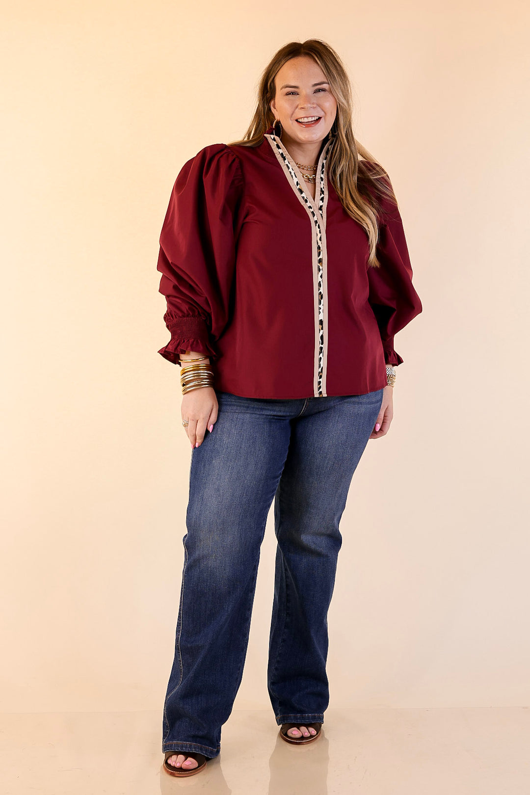 Trimmed in Style Puff Long Sleeve Blouse with Contrast Leopard Trim and Ruffle in Maroon