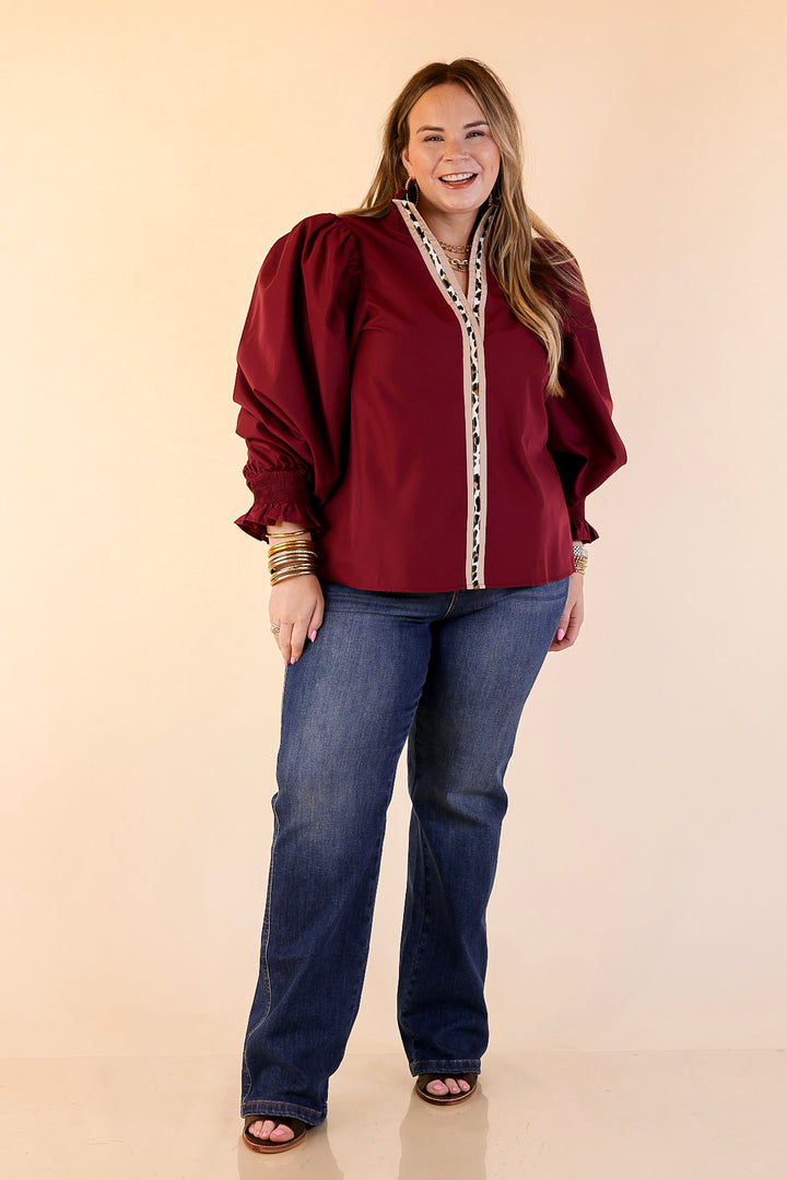 Trimmed in Style Puff Long Sleeve Blouse with Contrast Leopard Trim and Ruffle in Maroon