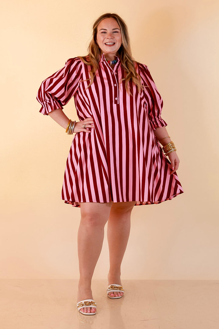 Talk of the Town Striped Ruffle Sleeve Babydoll Dress with Cinched Waist Feature in Maroon and Pink