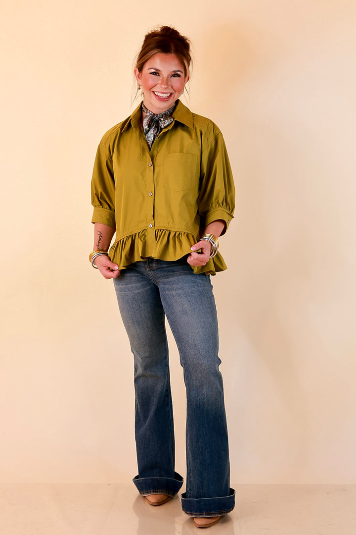 Style Agenda Solid Button Down Peplum Top in Chartreuse Olive Green