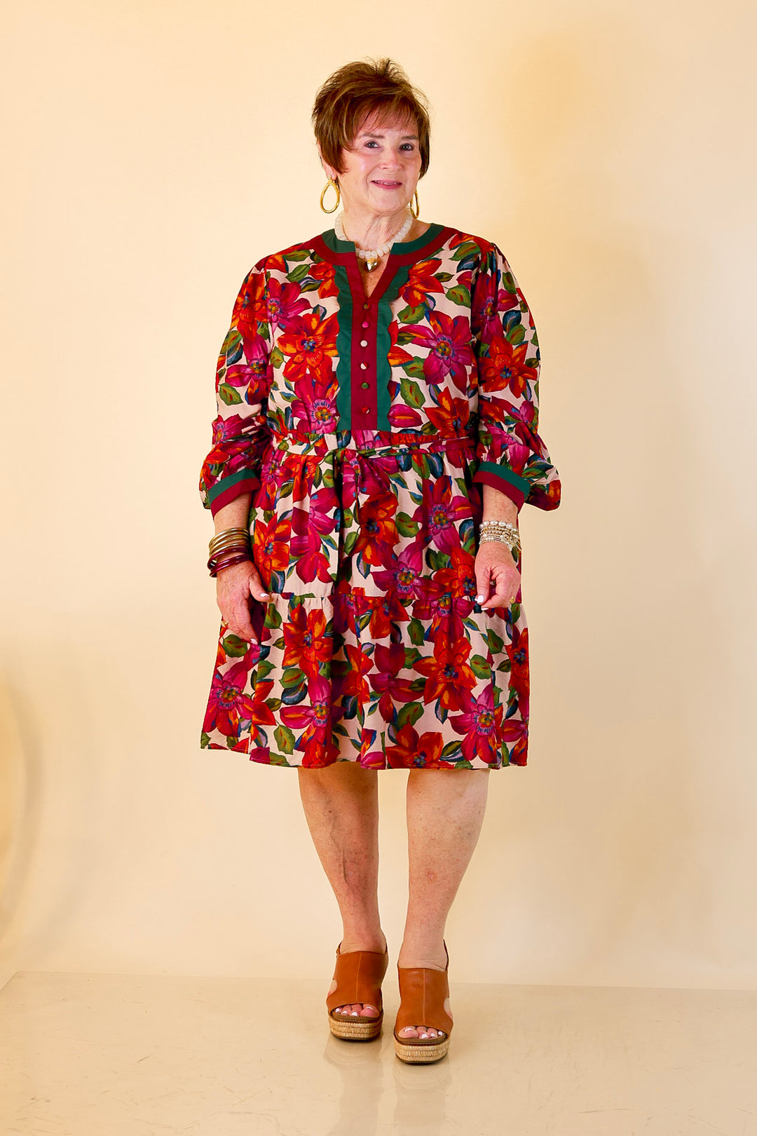 Color Me Confident Floral Print Button Front Contrast Trim Dress in Ivory, Plum and Emerald Green