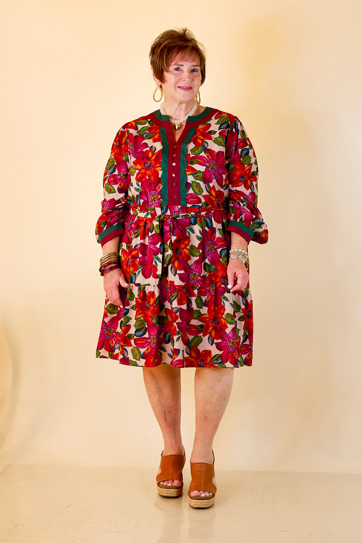 Color Me Confident Floral Print Button Front Contrast Trim Dress in Ivory, Plum and Emerald Green