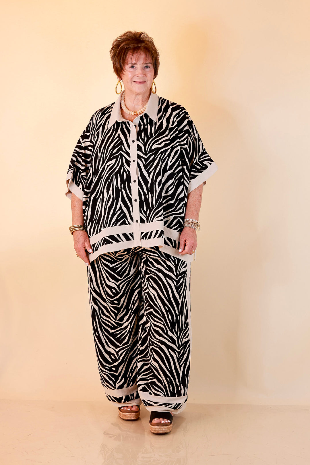 First Class Chic Button Front Collared Top with Matching Wide Leg Pants Set in Black and Ivory Zebra Print