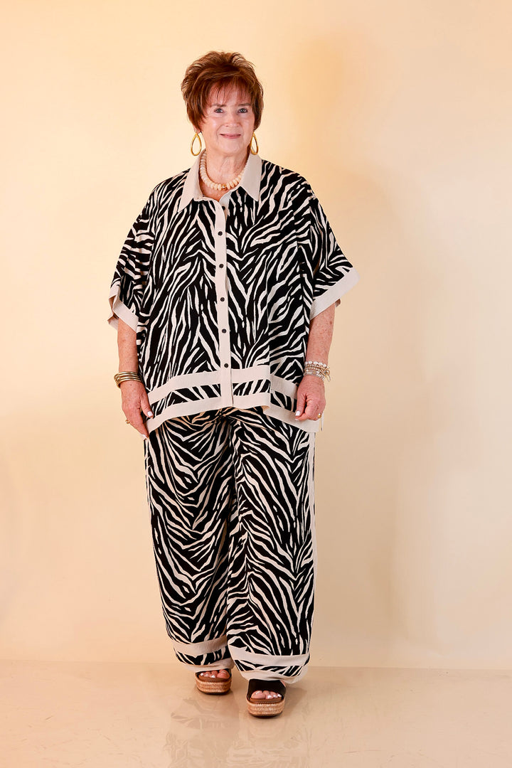 First Class Chic Button Front Collared Top with Matching Wide Leg Pants Set in Black and Ivory Zebra Print