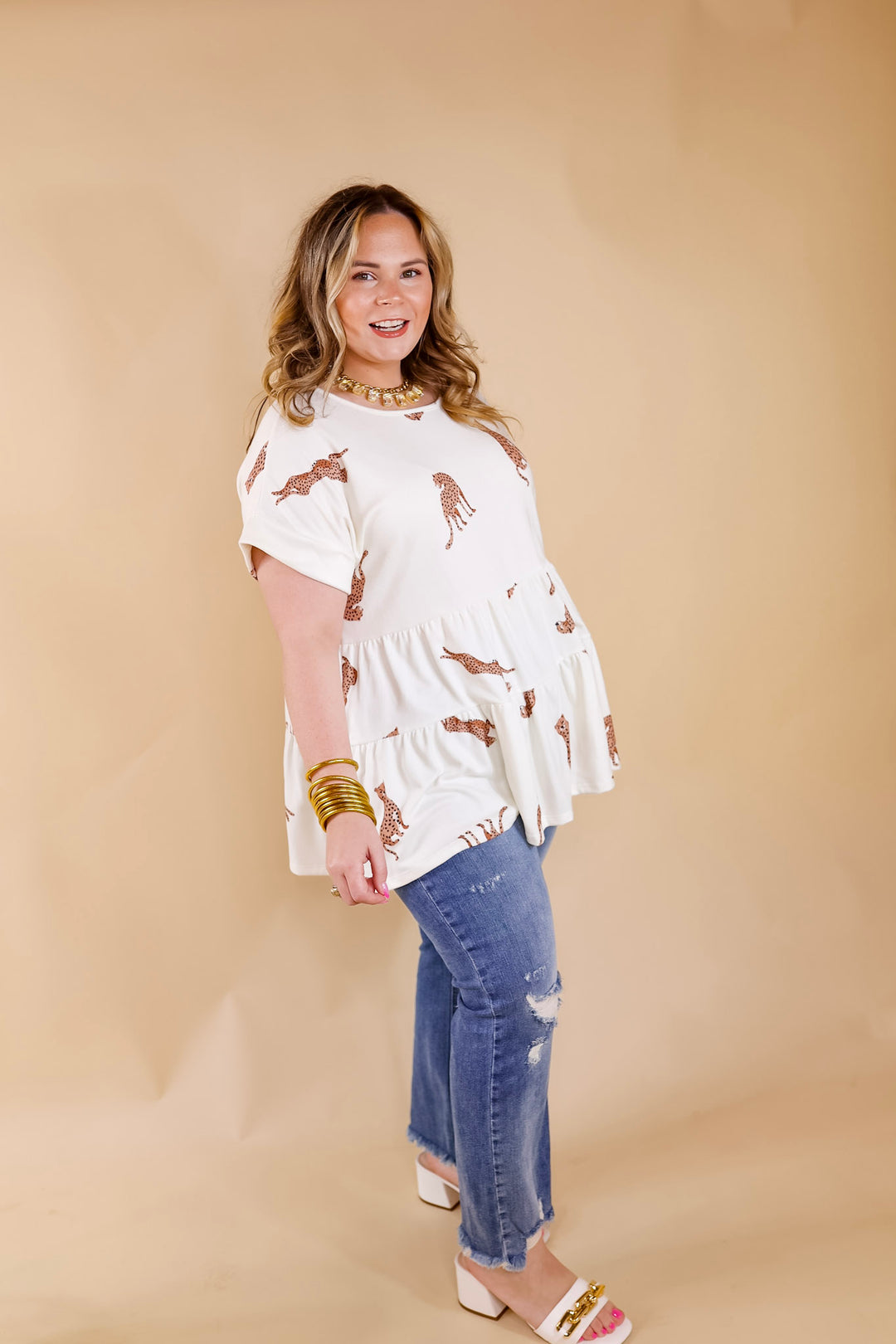 Feeling Wild Cheetah Print Tiered Babydoll Top in Ivory - Giddy Up Glamour Boutique