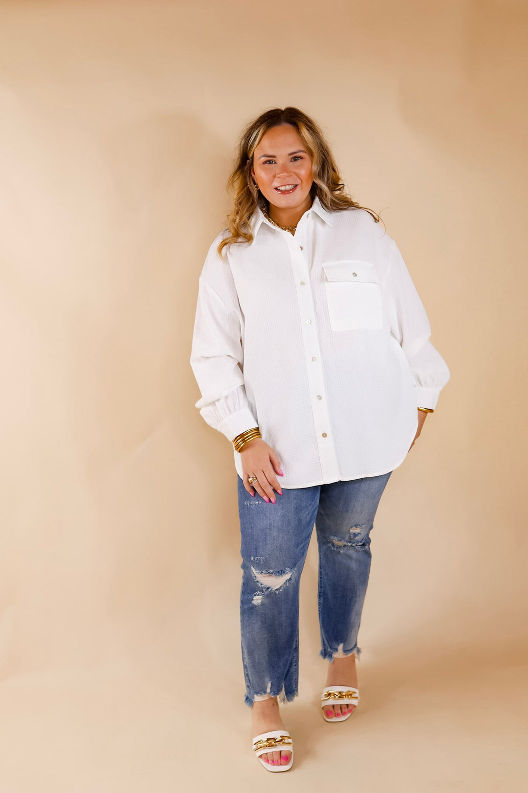 Escaping Ordinary Waffle Weave Button Up Top in Ivory - Giddy Up Glamour Boutique
