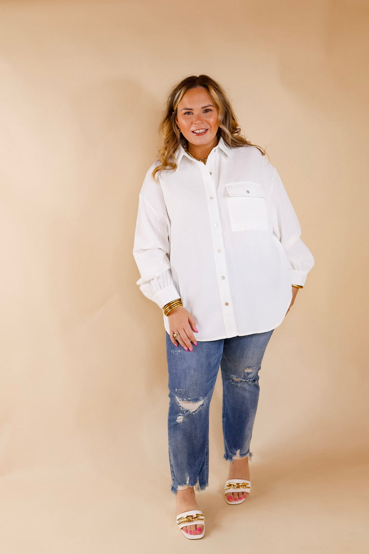 Escaping Ordinary Waffle Weave Button Up Top in Ivory - Giddy Up Glamour Boutique