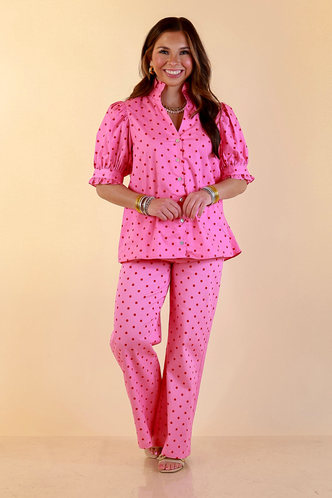 Poised and Polished Button Front Puff Sleeve Top with Polka Dot Print in Pink and Red