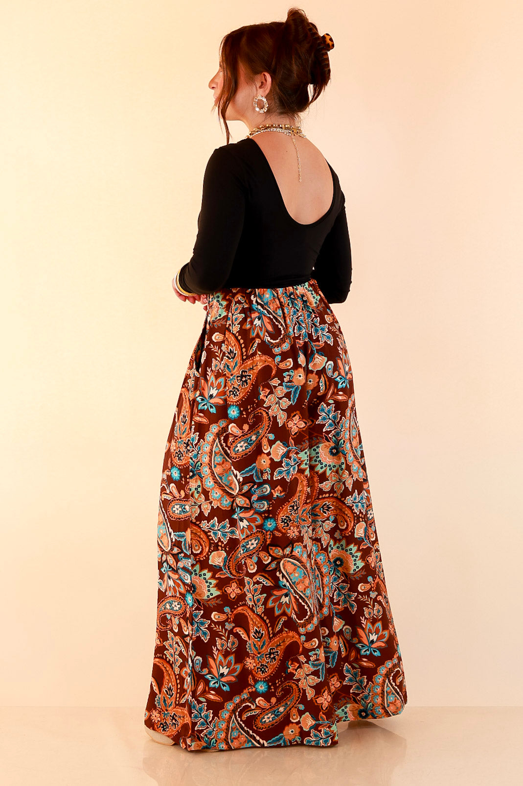 Free to Be Paisley Print Wide Leg Elastic Waist Pants in Chocolate Brown