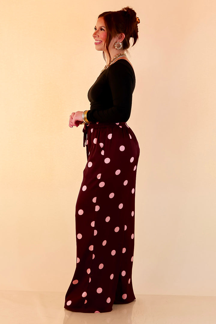 Two of a Kind Full Length Wide Leg Pull-On Drawstring Blush Pink Polka Dot Pants in Maroon