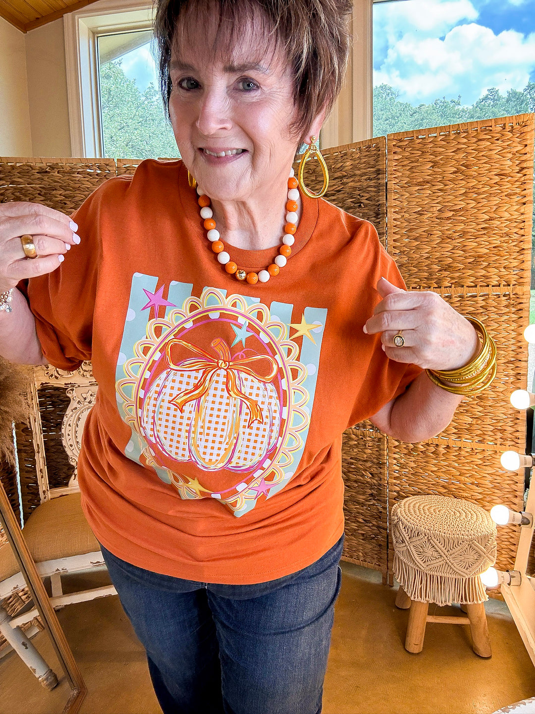 Sweet on the Season Gingham Pumpkin, Stripe and Polka Dot Design with Bow Detail Fall Graphic Tee in Rust Orange